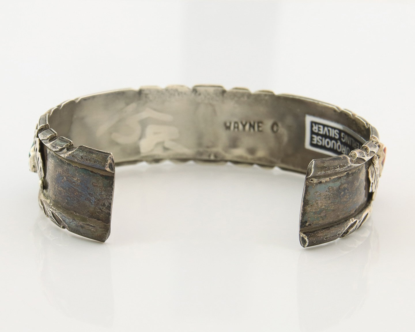 Zuni Cuff Bracelet Sterling Silver Natural Coral & Turquoise Signed Cheama