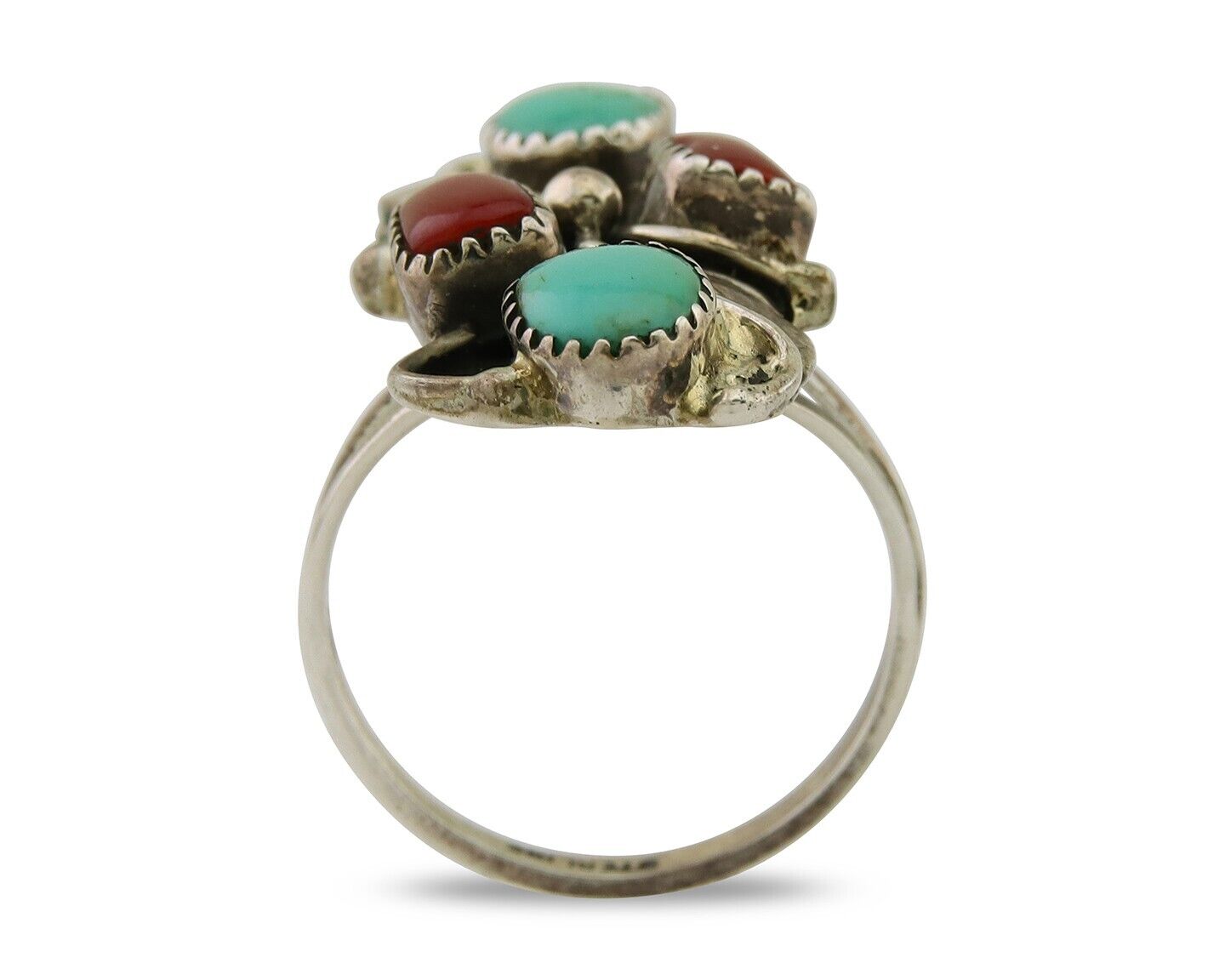 Navajo Handmade Ring 925 Silver Coral & Turquoise Native Artist C.80's