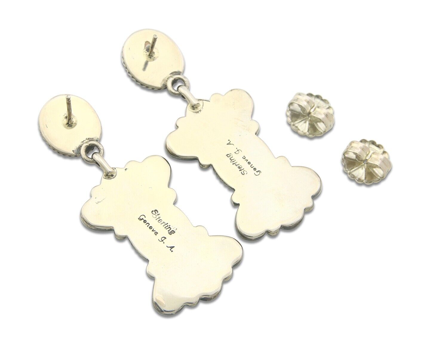 Navajo Earrings 925 Silver Handmade Natural Turquoise Signed Geneva JA C.80's