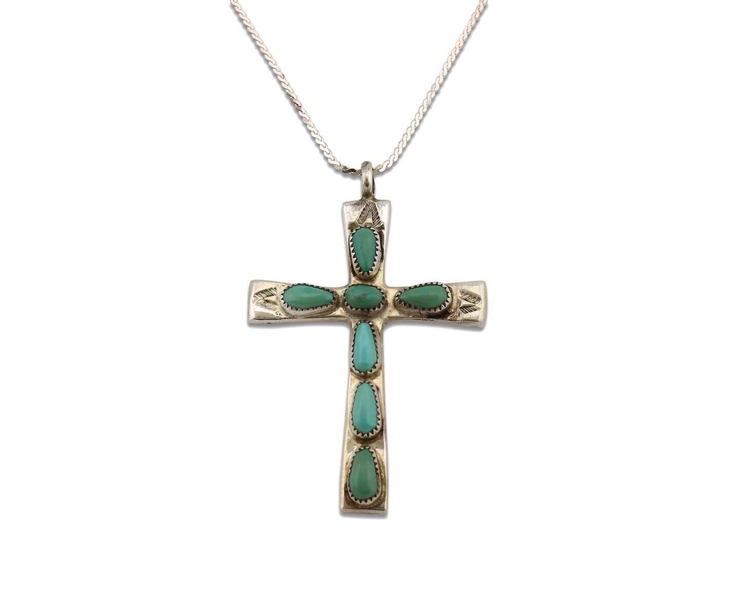 Zuni Cross Necklace 925 Silver Natural Blue Turquoise Artist Signed R IULE C80s