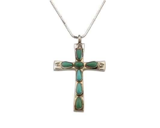 Zuni Cross Necklace 925 Silver Natural Blue Turquoise Artist Signed R IULE C80s