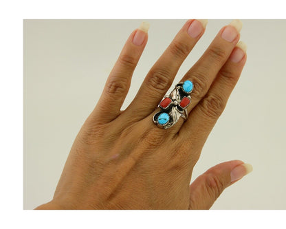 Navajo Handmade Ring 925 Silver Coral & Turquoise Native Artist C.80's