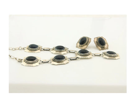 Navajo Necklace Earring Set Sterling Silver Onyx Vintage Signed Begay