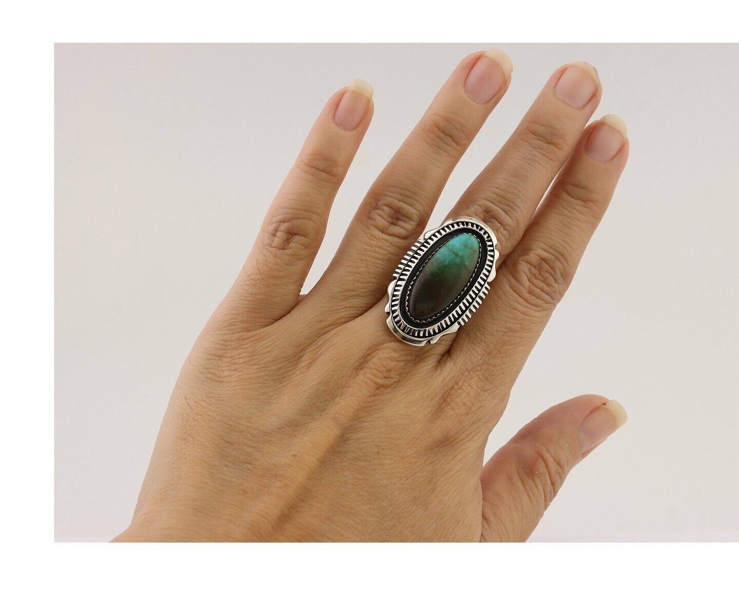 Navajo Hamdmade Ring 925 Silver Southwest Turquoise Signed V C.80's