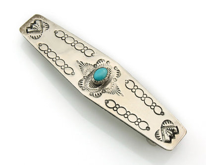 Navajo Barrette Sterling Silver Turquoise Hand Stamped Vintage Signed WS