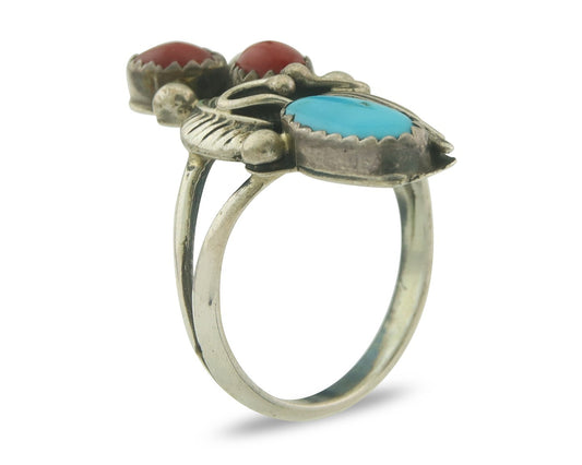 Vintage Navajo Ring 925 Sterling Natural Coral & Turquoise Native Artist Sz 8.0