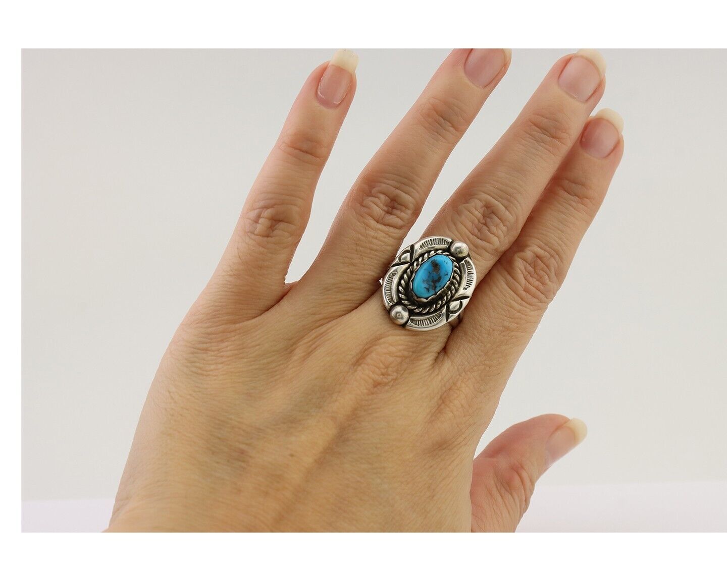 Navajo Ring 925 Silver Sleeping Beauty Turquoise Signed V & N EDSITTY C.80's