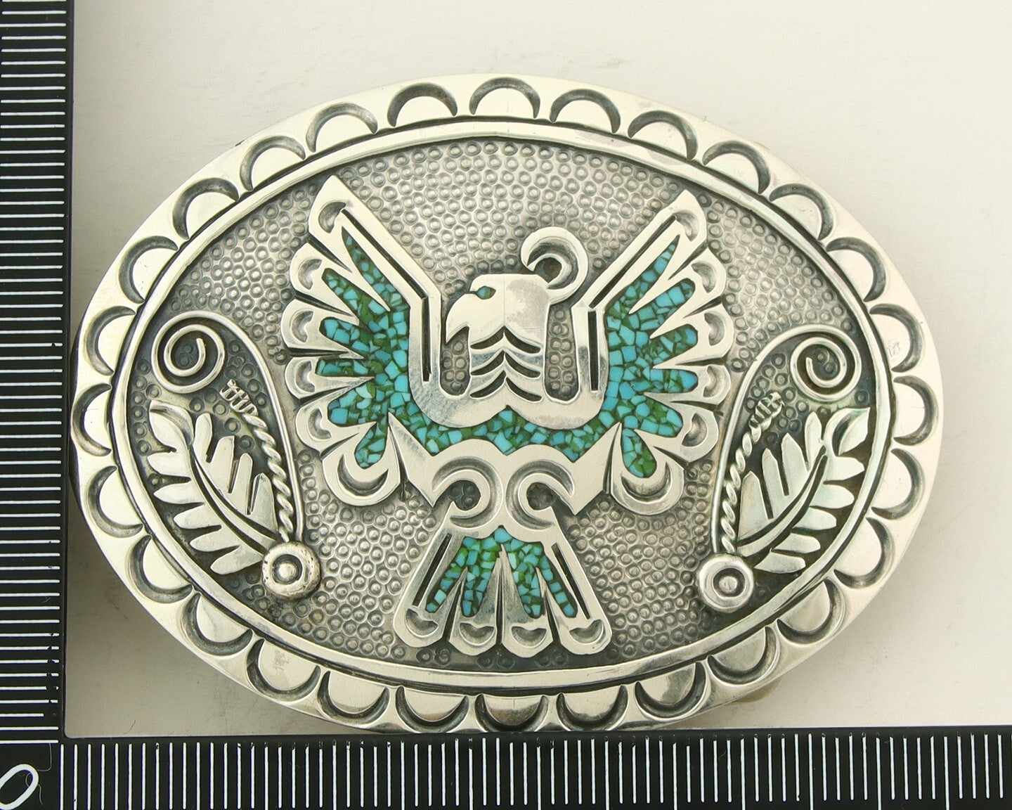 Vintage Navajo Belt Buckle 925 Silver Inlaid Eagle Turqouise Signed Stanley Bain