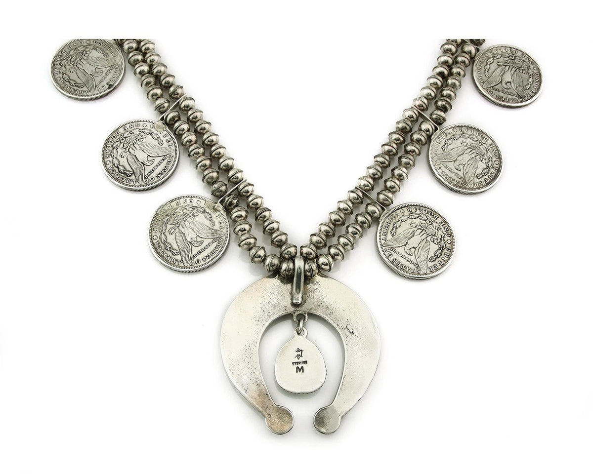 Navajo Morgan Dollar Necklace Turquoise Hand Stamped Vintage Signed M Montoya