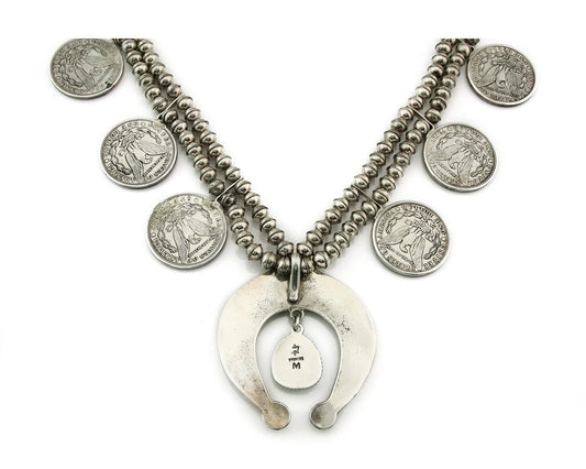 Navajo Morgan Dollar Necklace Turquoise Hand Stamped Vintage Signed M Montoya