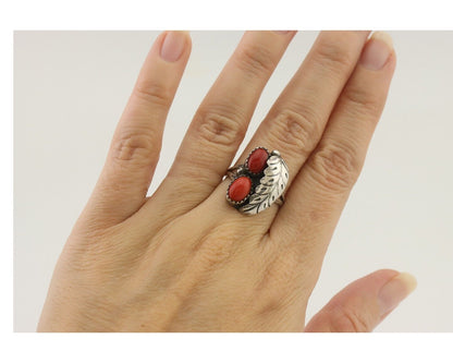 Navajo Handmade Ring 925 Silver Natural Mediterranean Coral Signed 88 C.80's