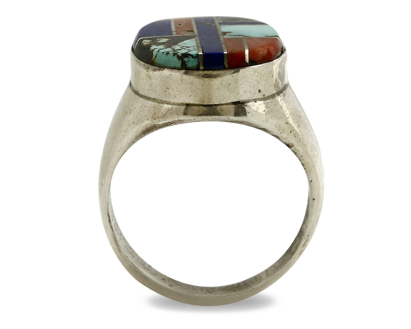 Navajo Ring .925 Sterling Silver Turquoise Coral Lapis Natural Gemstone Artist