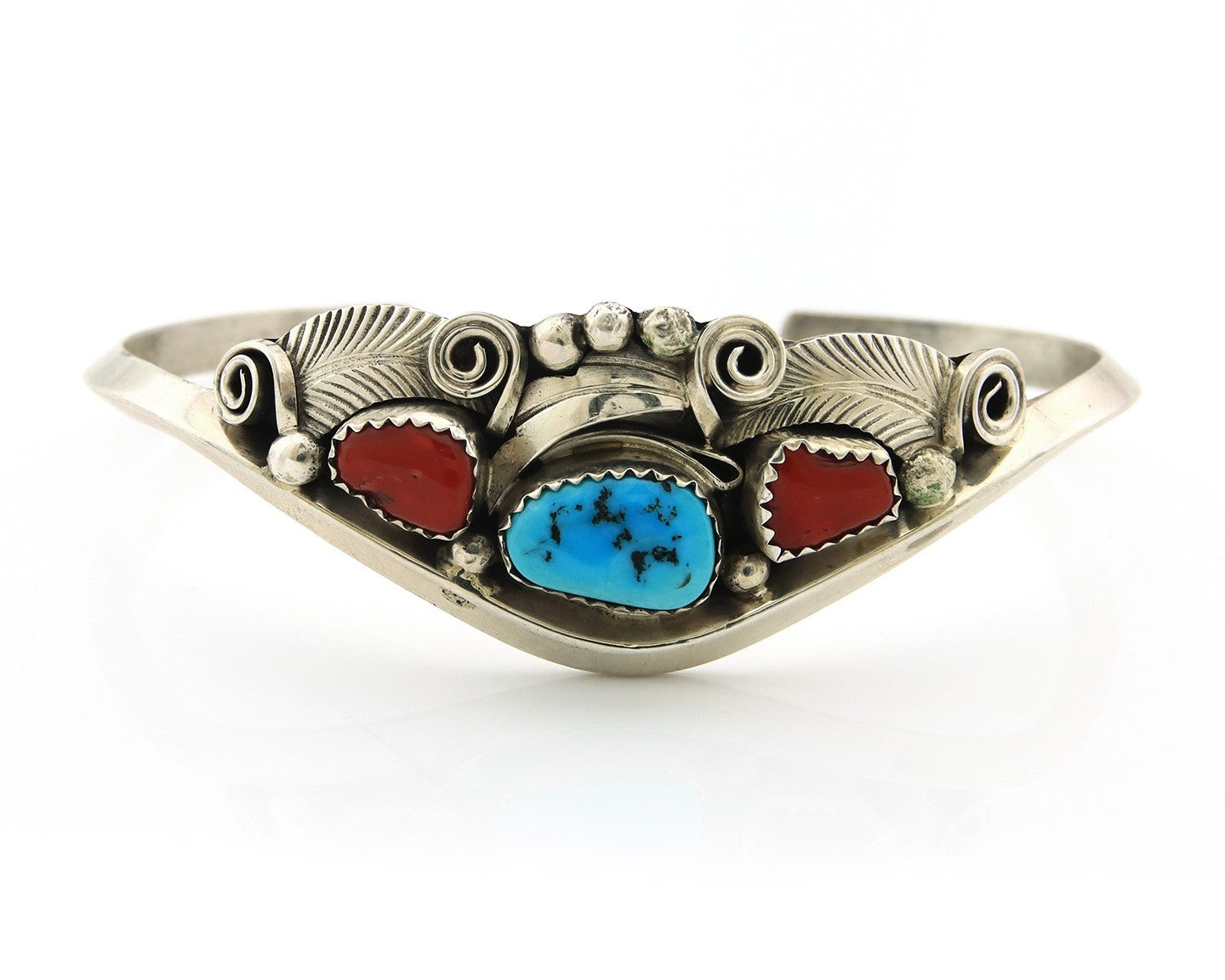 Navajo Cuff Bracelet Sterling Silver Natural Coral Turquoise Sign Justin Morris