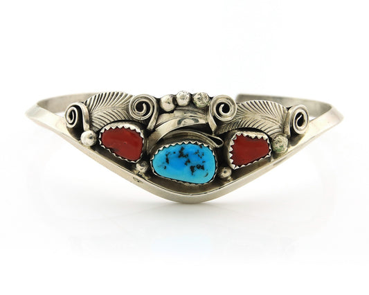 Navajo Cuff Bracelet Sterling Silver Natural Coral Turquoise Sign Justin Morris