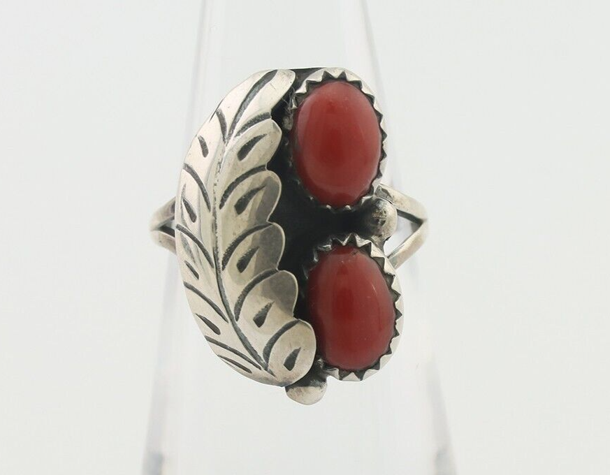 Navajo Handmade Ring 925 Silver Natural Mediterranean Coral Signed 88 C.80's