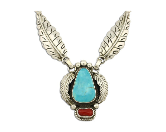 Navajo Necklace 925 Silver Turquoise & Coral Artist Signed Rabbit Stick C.2008