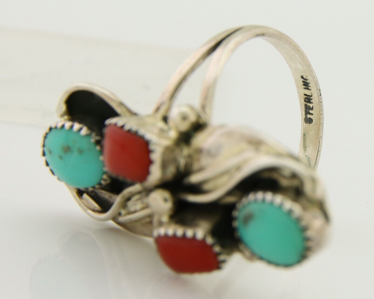 Navajo Handmade Ring 925 Silver Coral & Turquoise Native Artist C.80's