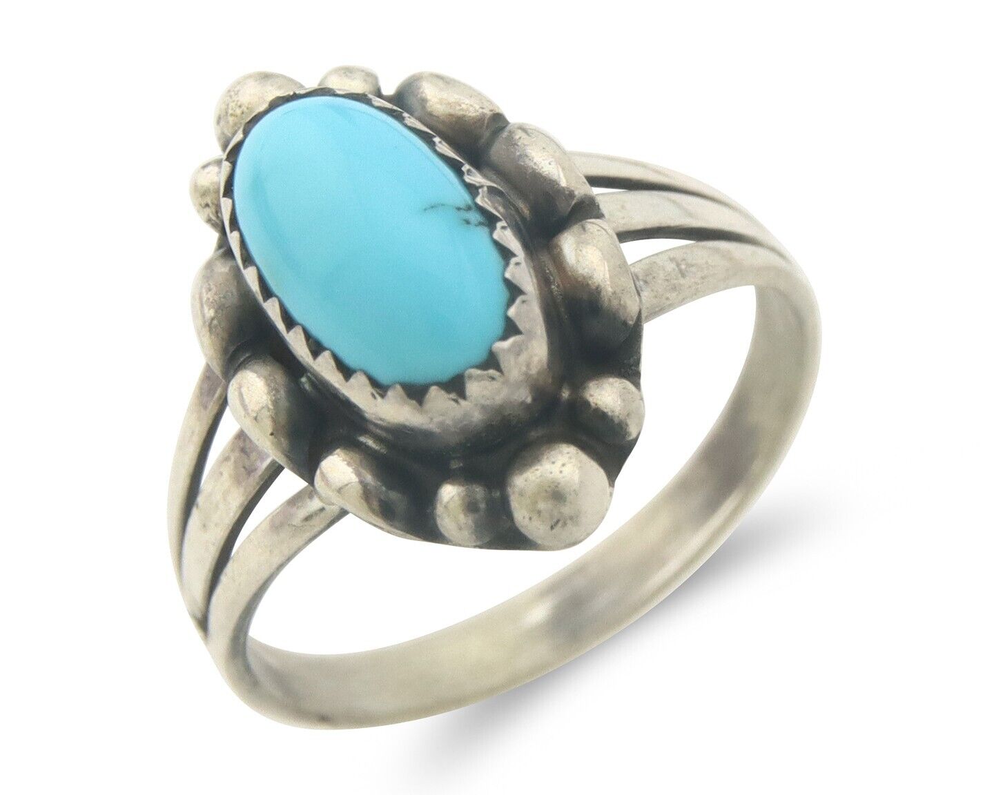 Navajo Ring 925 Sterling Natural Turquoise Native Artist C.80's Size 7.5