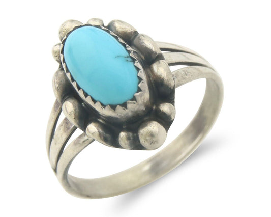 Navajo Ring 925 Sterling Natural Turquoise Native Artist C.80's Size 7.5