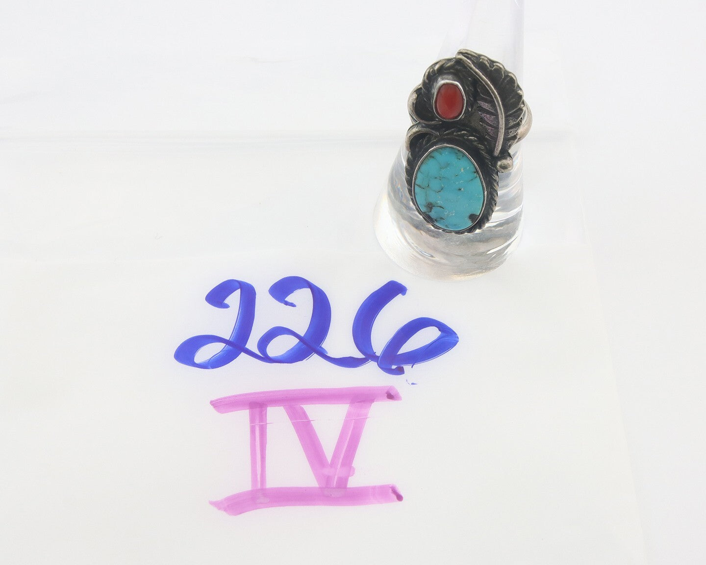 Navajo Ring 925 Sterling Natural Coral & Turquoise Native Artist C.80's Size 7.5