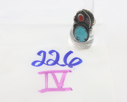 Navajo Ring 925 Sterling Natural Coral & Turquoise Native Artist C.80's Size 7.5