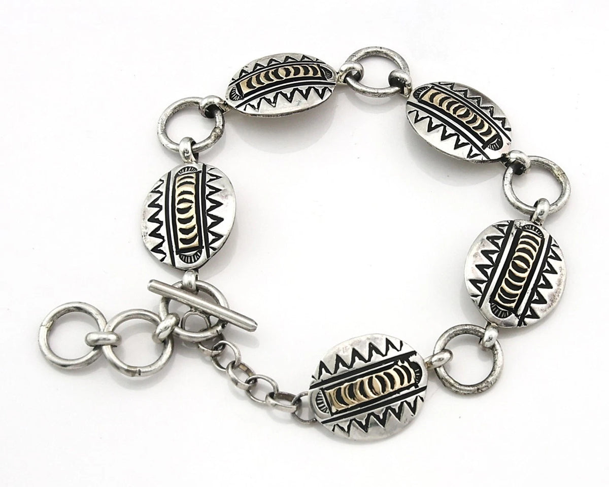Navajo Cuff Bracelet Sterling Silver & 14k Gold Vintage Signed RT C.80's