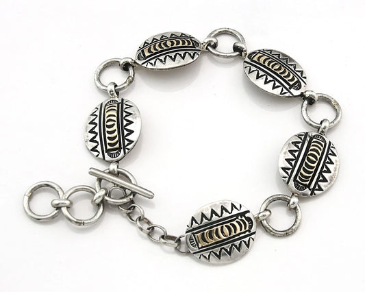 Navajo Cuff Bracelet Sterling Silver & 14k Gold Vintage Signed RT C.80's
