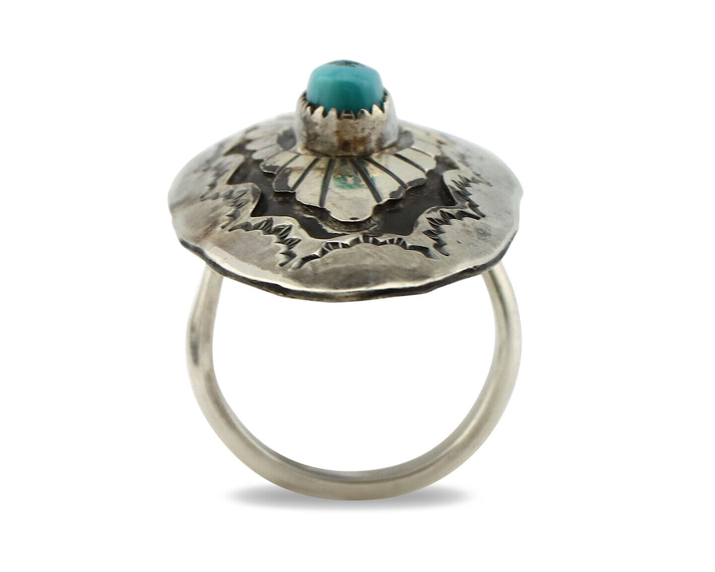 Navajo Shield Ring .925 Silver Blue Turquoise Hand Stamped Native Artist C.80's