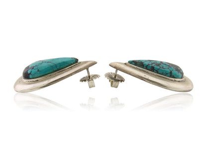 Navajo Dangle Earrings 925 Silver Natural Turquoise Signed Thomas Charay C.1988