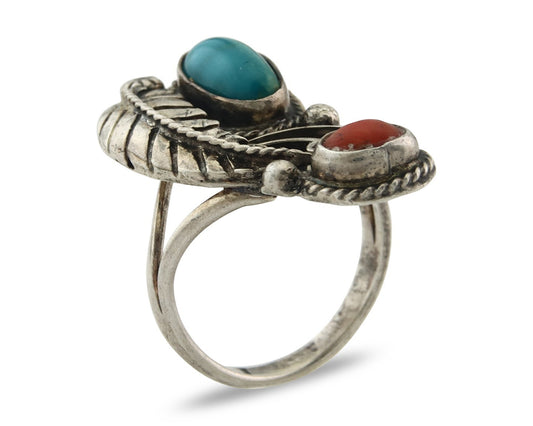 Vintage Navajo Ring 925 Sterling Silver Traditional Authentic Coral & Turquoise