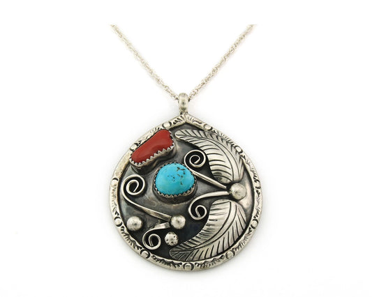 Navajo Necklace Sterling Silver Coral & Turquoise Vintage Artist Signed WD