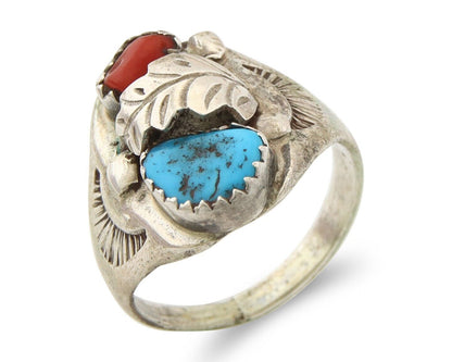 Navajo Ring 925 Sterling Turquoise & Coral Native Artist C.80's Size 6.75