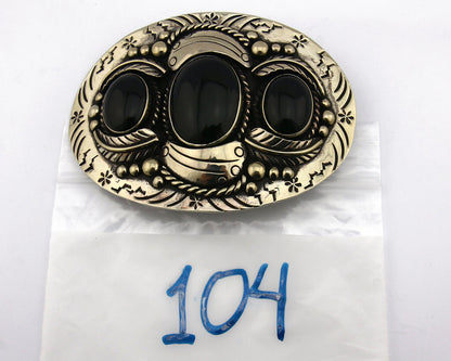 Navajo Handmade Belt Buckle .999 Nickle Silver Onyx Artist Signed Tipi C.80's