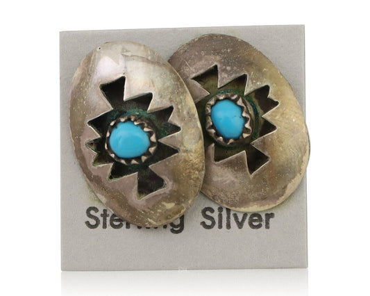 Navajo Hand Cut Earrings 925 Silver Blue Natural Turquoise Native Artist C.80's