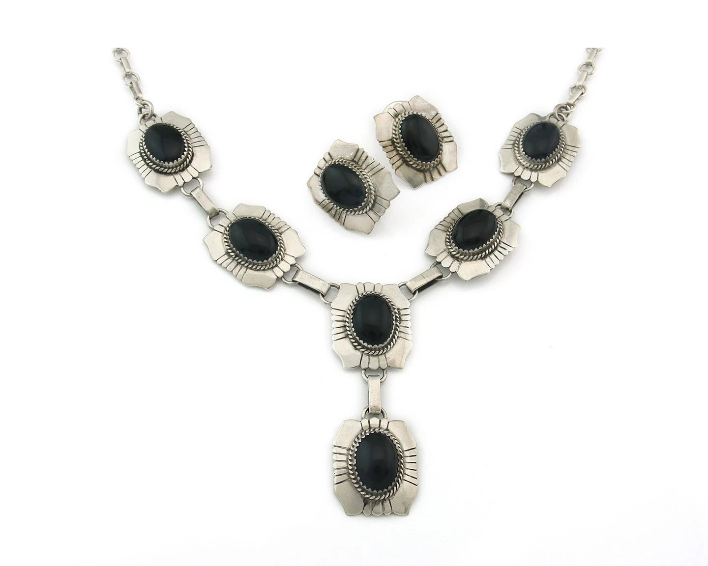 Navajo Necklace Earring Set Sterling Silver Onyx Vintage Signed Begay