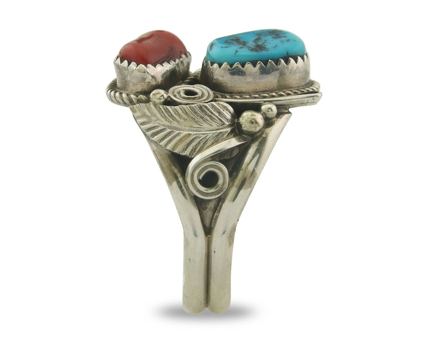 Men Navajo Ring 925 Sterling Natural Coral & Turquoise Signed JM C.80's Sz 12.75