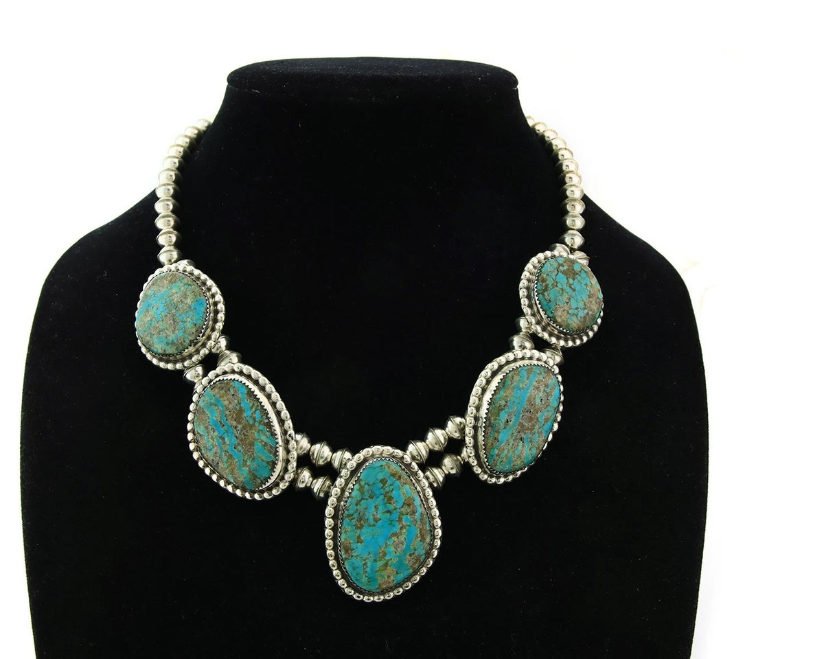 Navajo Squash Necklace Sterling Silver Nalural Kingman Turquoise Signed JR