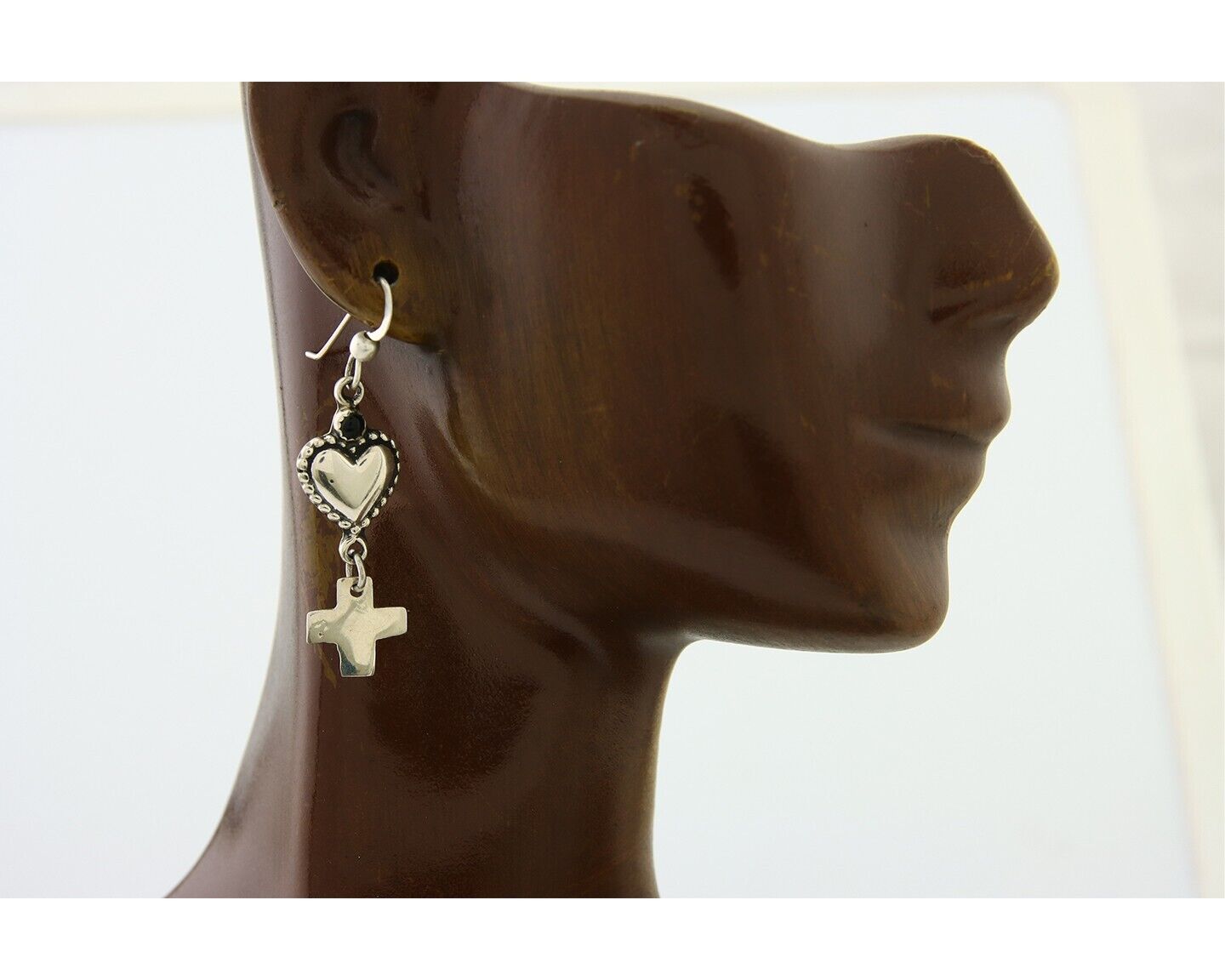 Navajo Earrings 925 Silver Heart Cross Natural Onyx Native American Artist C.80s