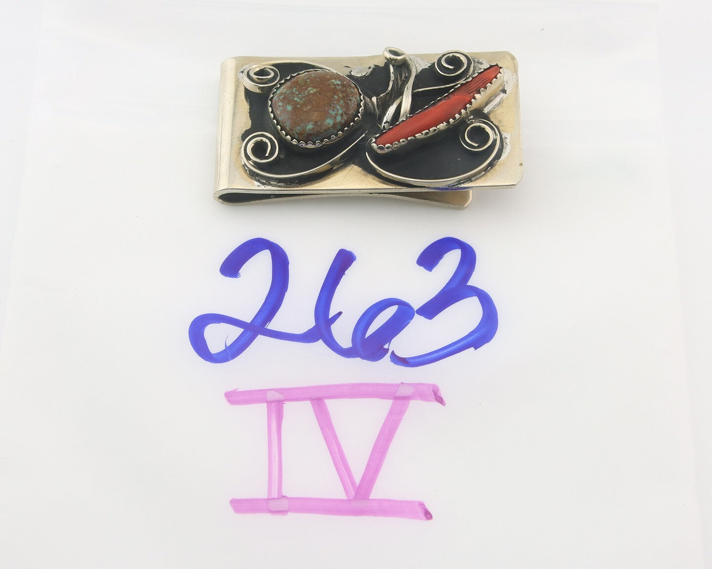 Navajo Money Clip 925 Silver & 999 Nickle Natural Gemstone Native Artist C.80's