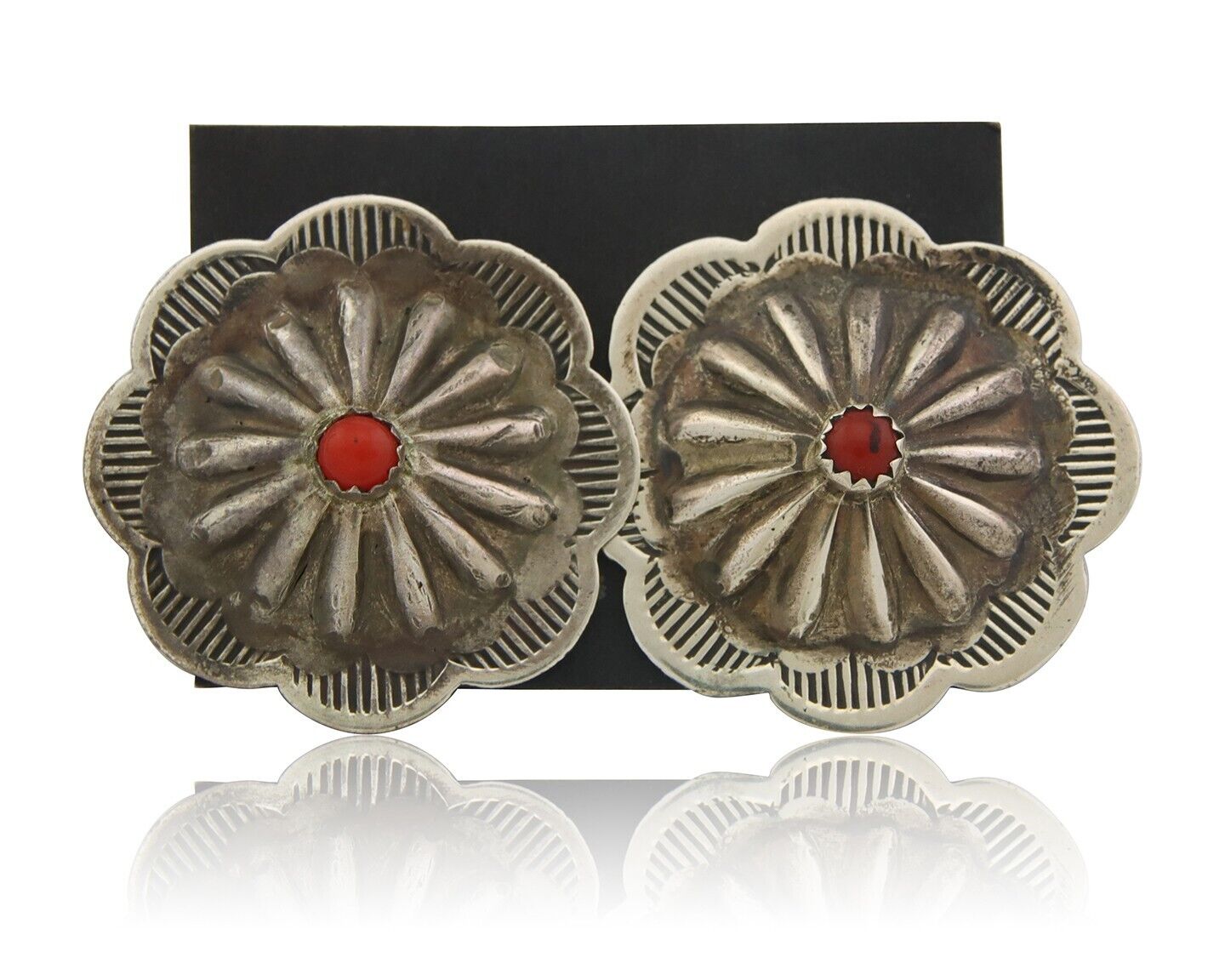 Navajo Concho Earrings 925 Silver Natural Coral Native American Artist C.80's