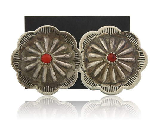 Navajo Concho Earrings 925 Silver Natural Coral Native American Artist C.80's