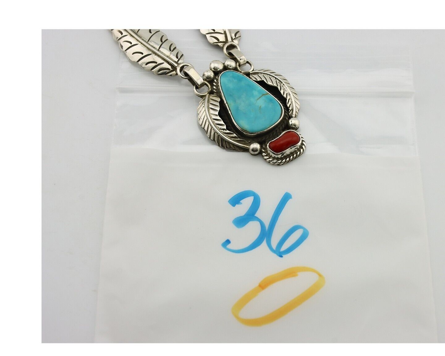 Navajo Necklace 925 Silver Turquoise & Coral Artist Signed Rabbit Stick C.2008