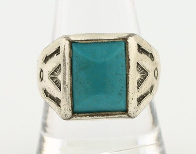 Navajo Ring 925 Silver Kingman Turquoise Signed Sun Bell Silver Company C.80's