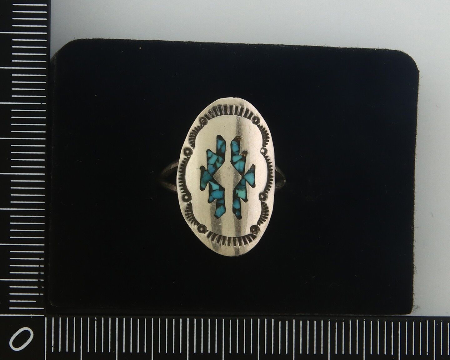 Navajo Ring 925 Sterling Natural Chip Inlay Turquoise C.80's Size 5.75