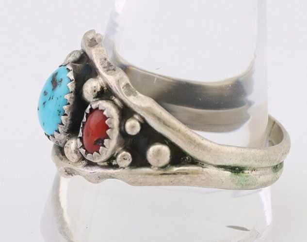 Navajo Ring 925 Silver Coral Turquoise Artist Signed SC C.80's