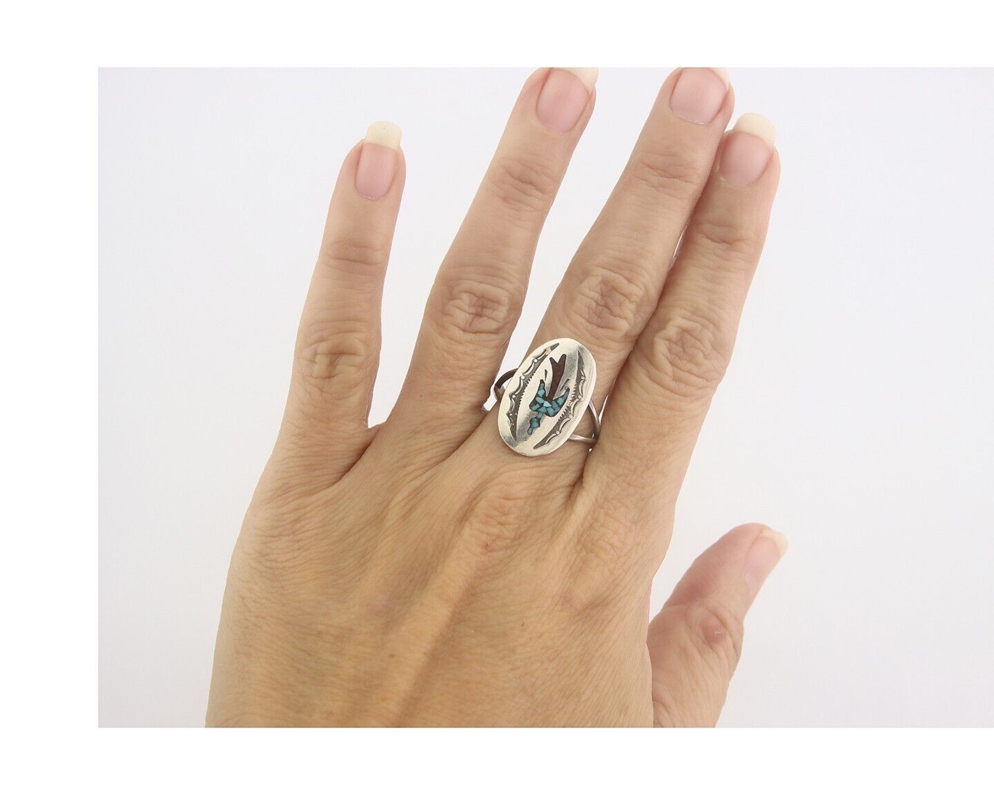 Navajo Ring 925 Sterling Natural Chip Inlay Coral & Turquoise C.80's Size 8.0