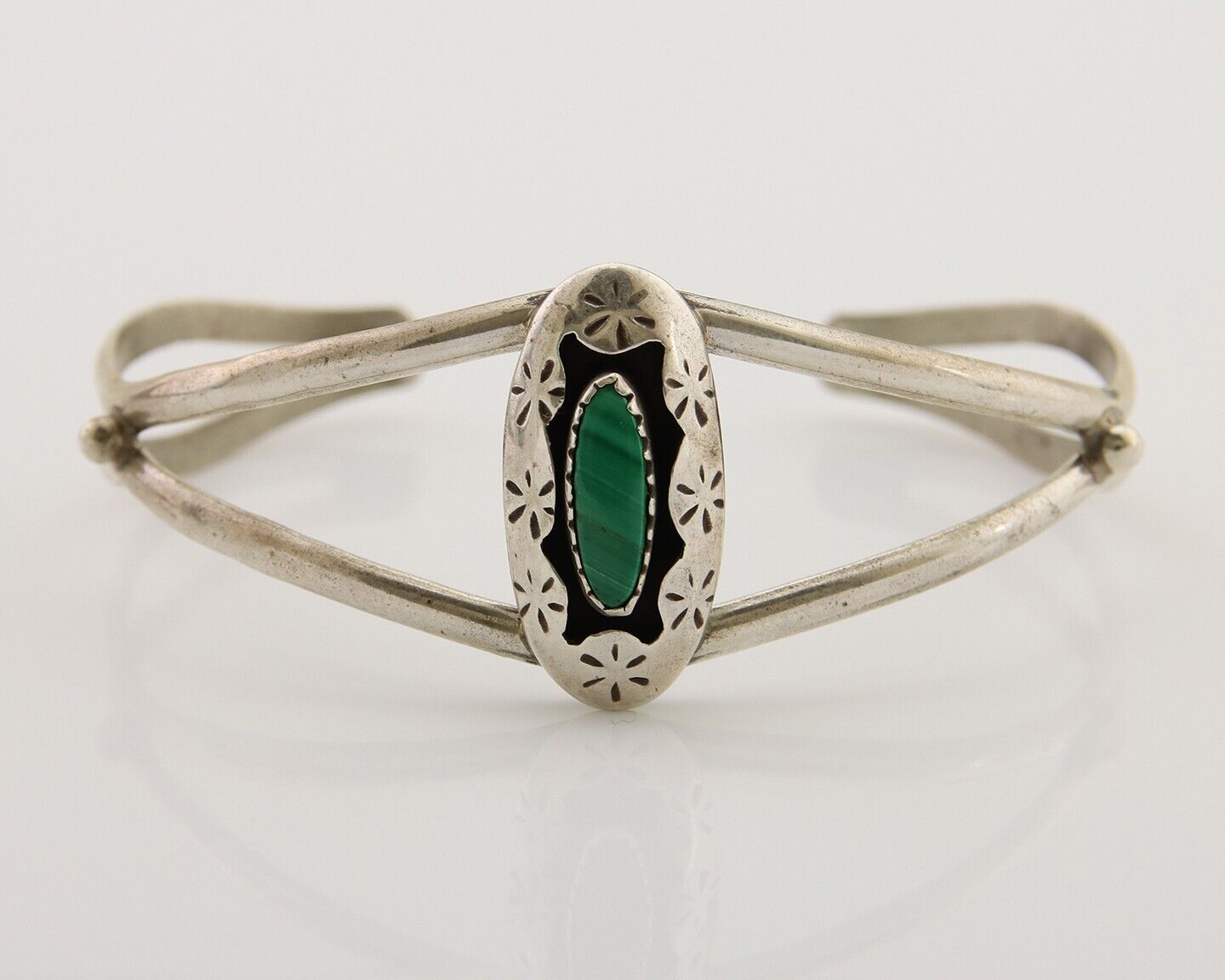 Navajo Hand Stamped Cuff Bracelet Malachite 925 Silver Artist Signed IJC C.80's