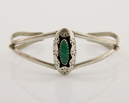 Navajo Hand Stamped Cuff Bracelet Malachite 925 Silver Artist Signed IJC C.80's