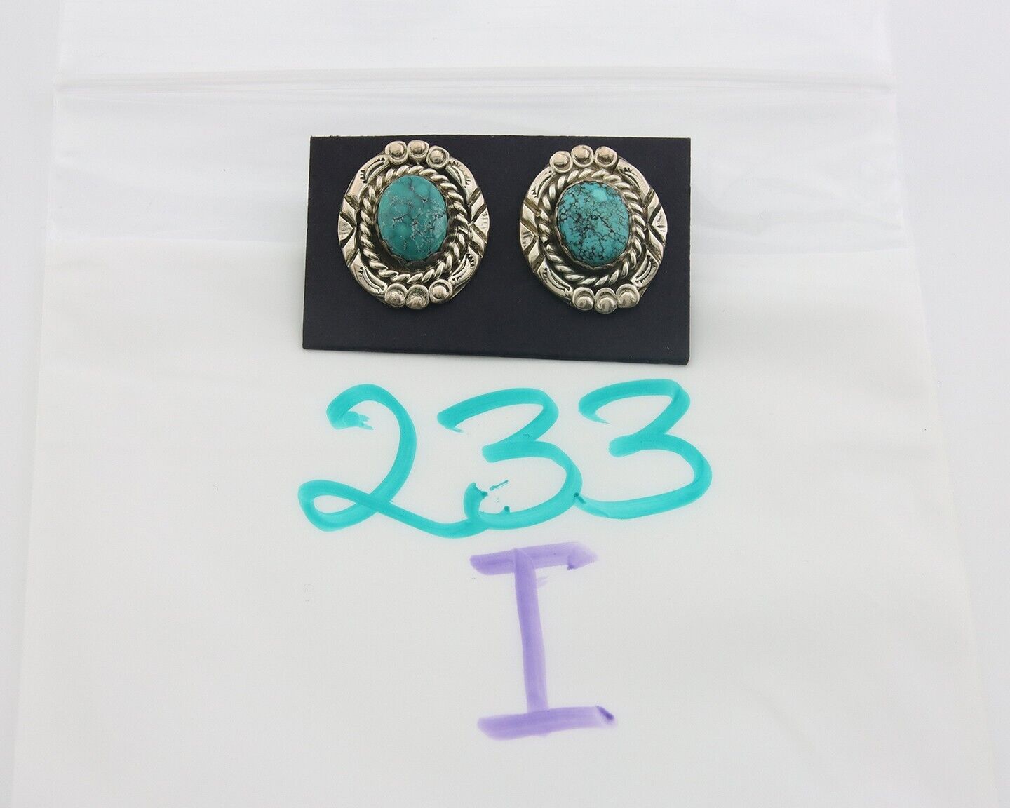 Navajo Earrings 925 Silver Natural Turquoise Artist Signed NE C.80's