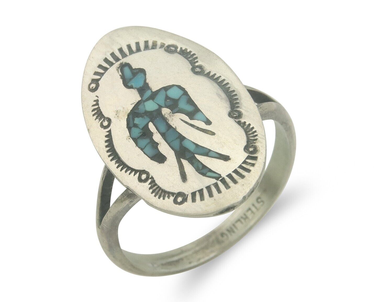 Navajo Ring 925 Sterling Natural Chip Inlay Blue Turquoise C.80's Size 7.75